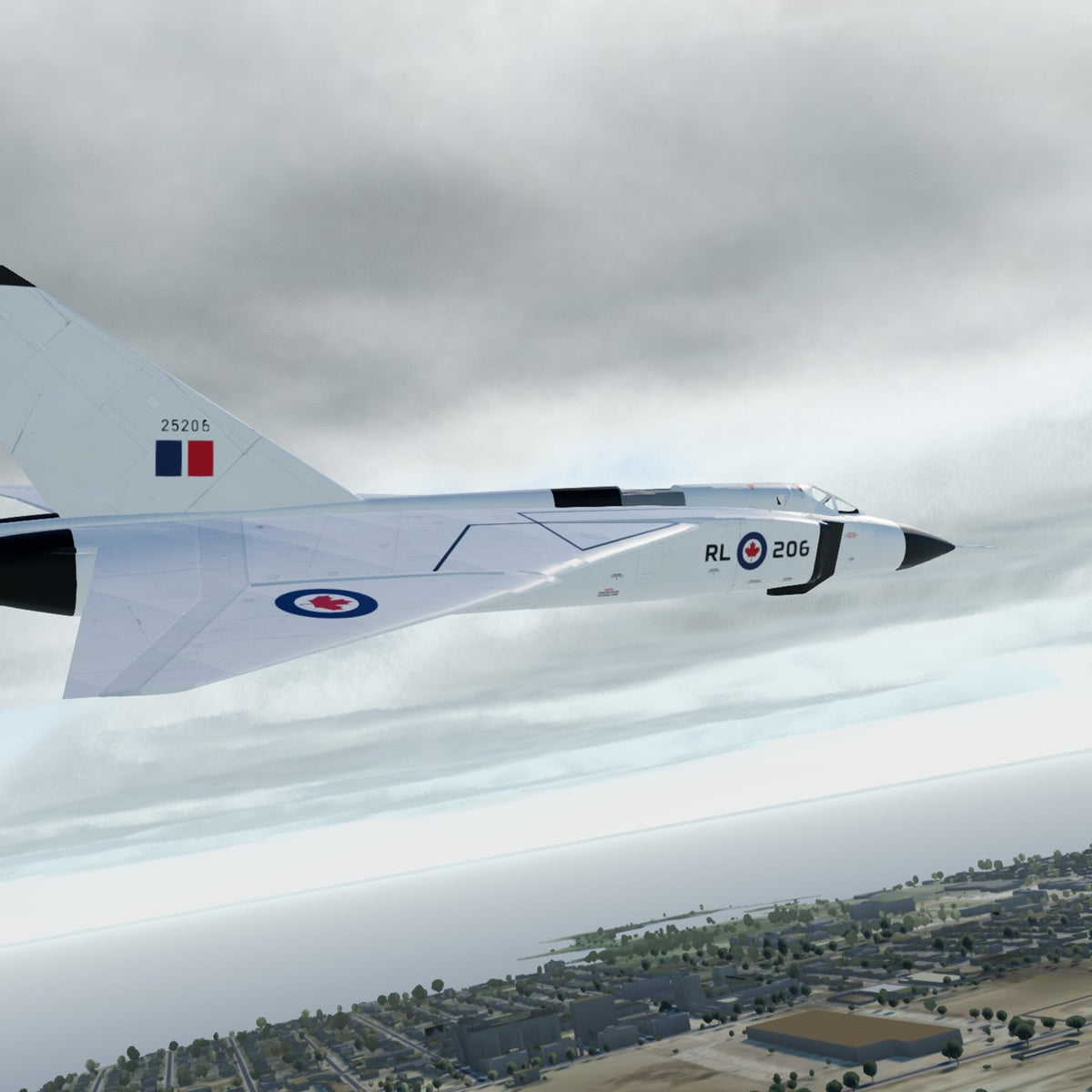 3D printed Avro Arrow CF-105 model as RL-206 in RCAF white, in flight over Lake Ontario