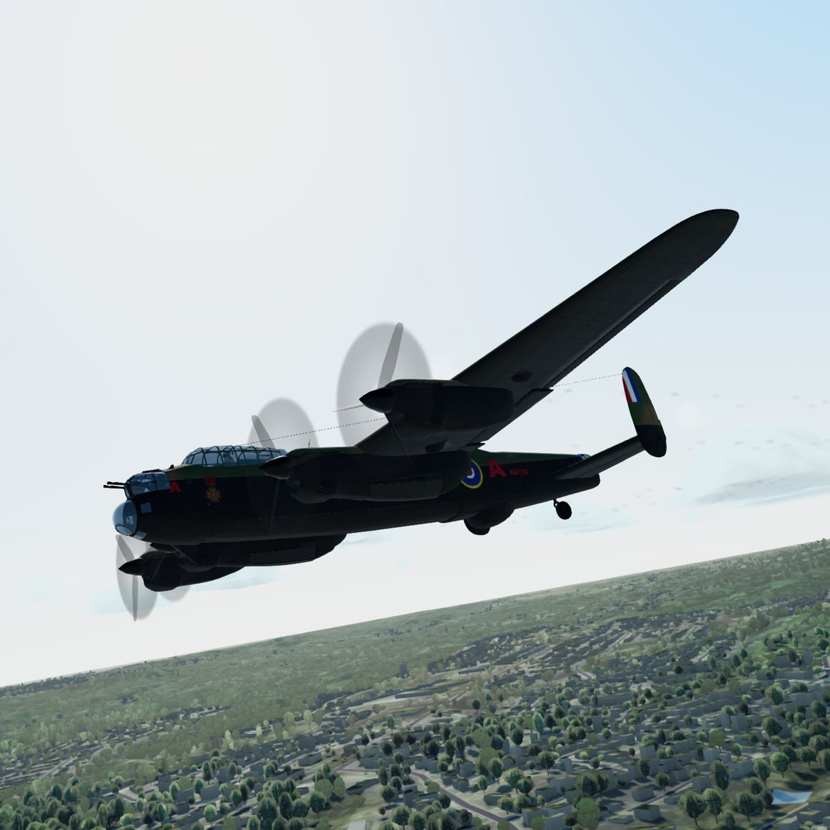 3D printed Avro Lancaster B.X model in 419 Squadron KB726 VR-A markings, in flight over Lake Ontario
