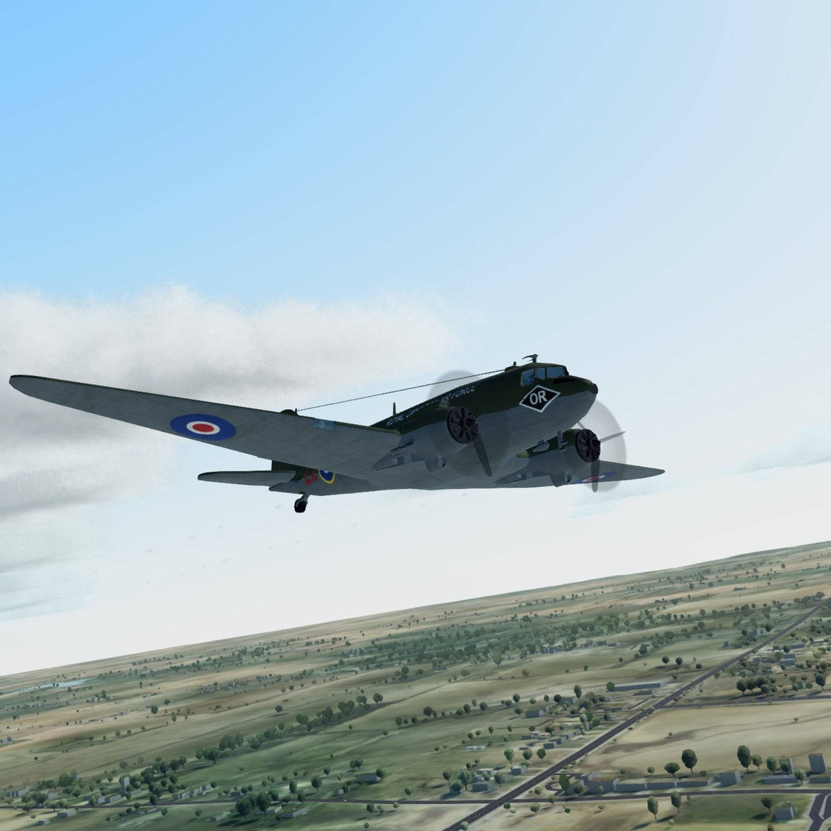 3D printed Douglas C-47 Dakota model in 437 Squadron FZ692 markings, in flight over Lake Ontario