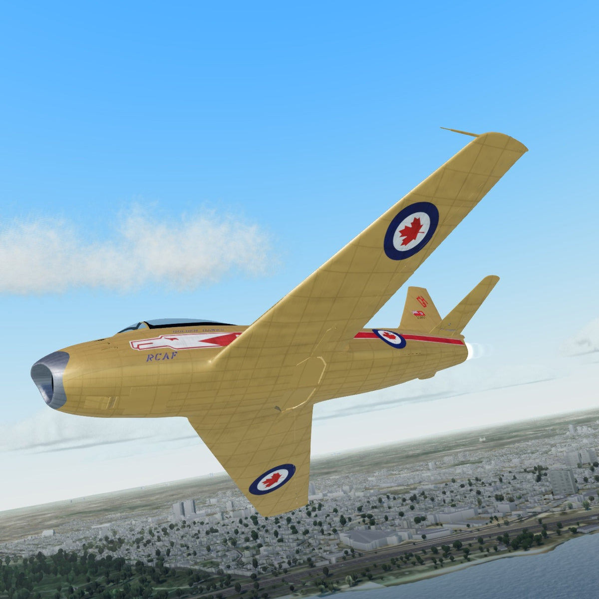 3D printed Canadair Sabre Mk.6 model in RCAF Golden Hawks gold, in flight over Lake Ontario