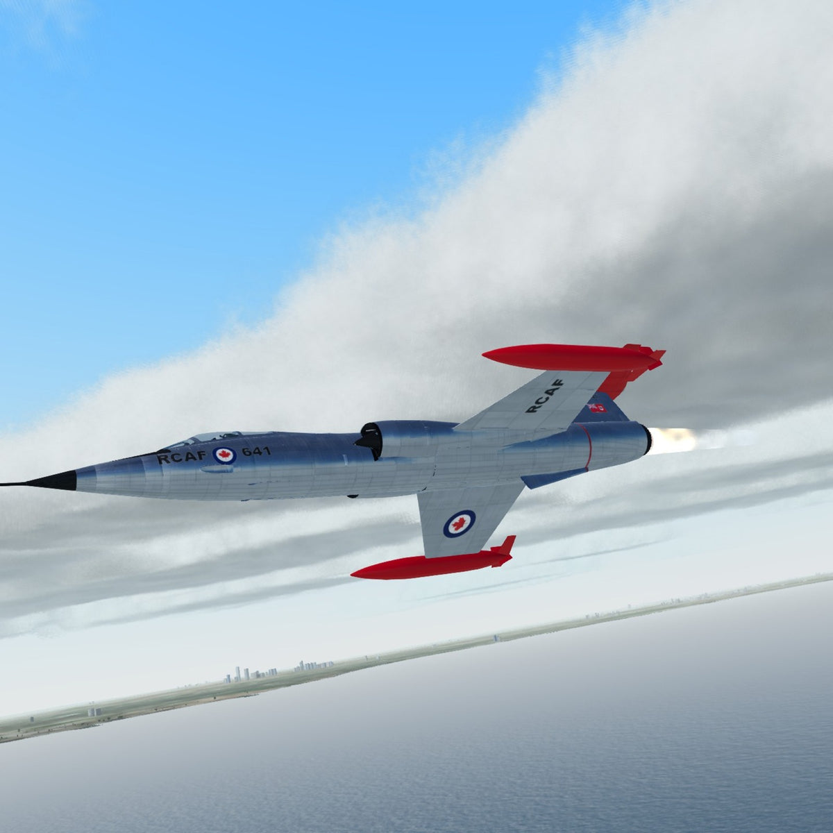 3D printed Canadair CF-104 Starfighter model in natural metal with red tip tanks, in flight over Lake Ontario
