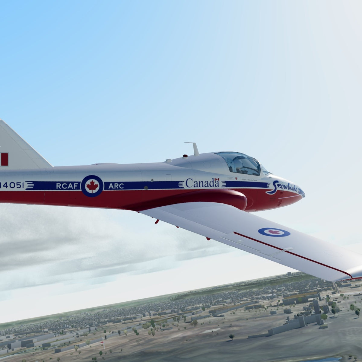 3D printed Canadair CT-114 Tutor model in Canadian Forces Snowbirds colours, in flight over Lake Ontario